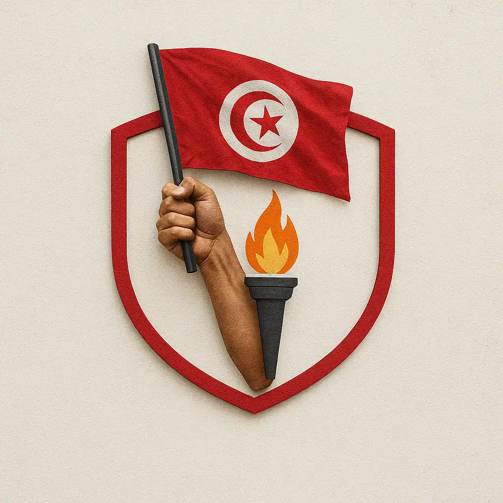 علم تونس مرفوع على يد أمام درع أحمر مع شعلة، رمزا للوطن والمحبة الوطنية، يعكس فخر وتاريخ تونس في صورة تعكس روح الانتماء الوطني والتضحية.