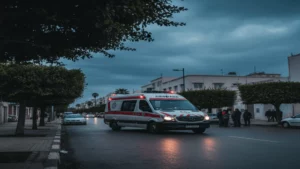 سيارة إسعاف تابعة للحماية المدنية التونسية أمام مدرسة، ترمز لحادث اعتداء أستاذ في سليانة.