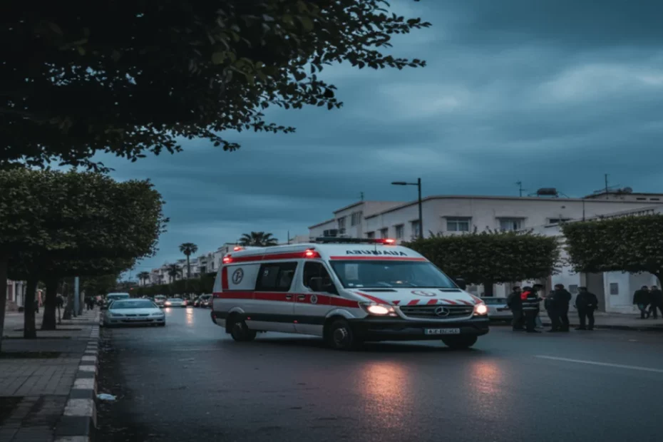 سيارة إسعاف تابعة للحماية المدنية التونسية أمام مدرسة، ترمز لحادث اعتداء أستاذ في سليانة.