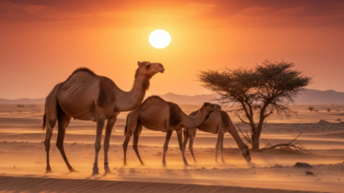 تعرف على الإبل : سفن الصحراء وأنواعها المدهشة الإبل وقت الغروب