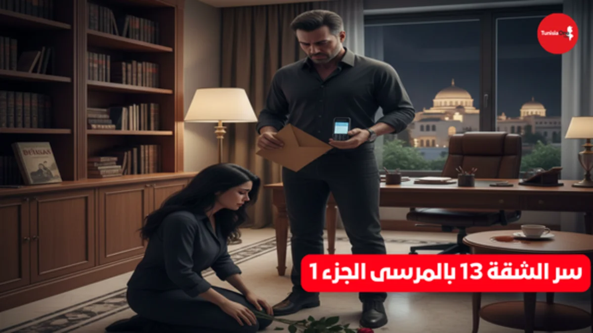 مشهد درامي لرجل بملامح تونسية يقرأ رسالة غامضة في مكتبة قديمة بضوء خافت يعكس أجواء الشك والغموض.