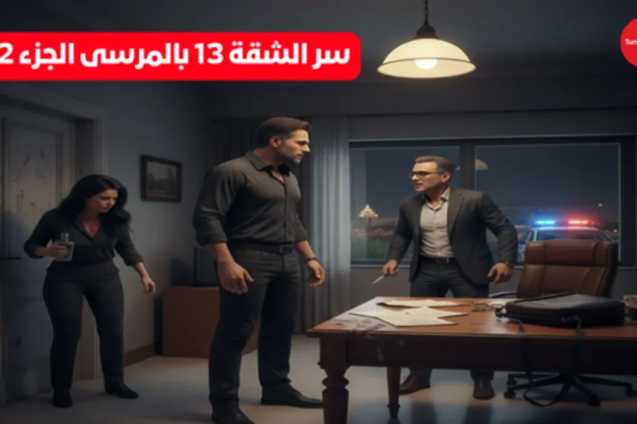 مواجهة متوترة بين رجلين وامرأة داخل شقة مهجورة بتصميم تونسي تقليدي، تظهر صراع القوة والدراما تحت إضاءة خافتة.