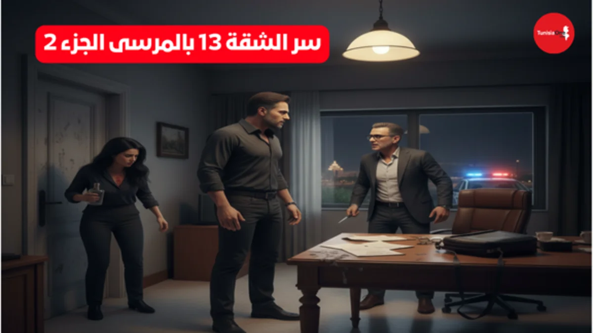 مواجهة متوترة بين رجلين وامرأة داخل شقة مهجورة بتصميم تونسي تقليدي، تظهر صراع القوة والدراما تحت إضاءة خافتة.