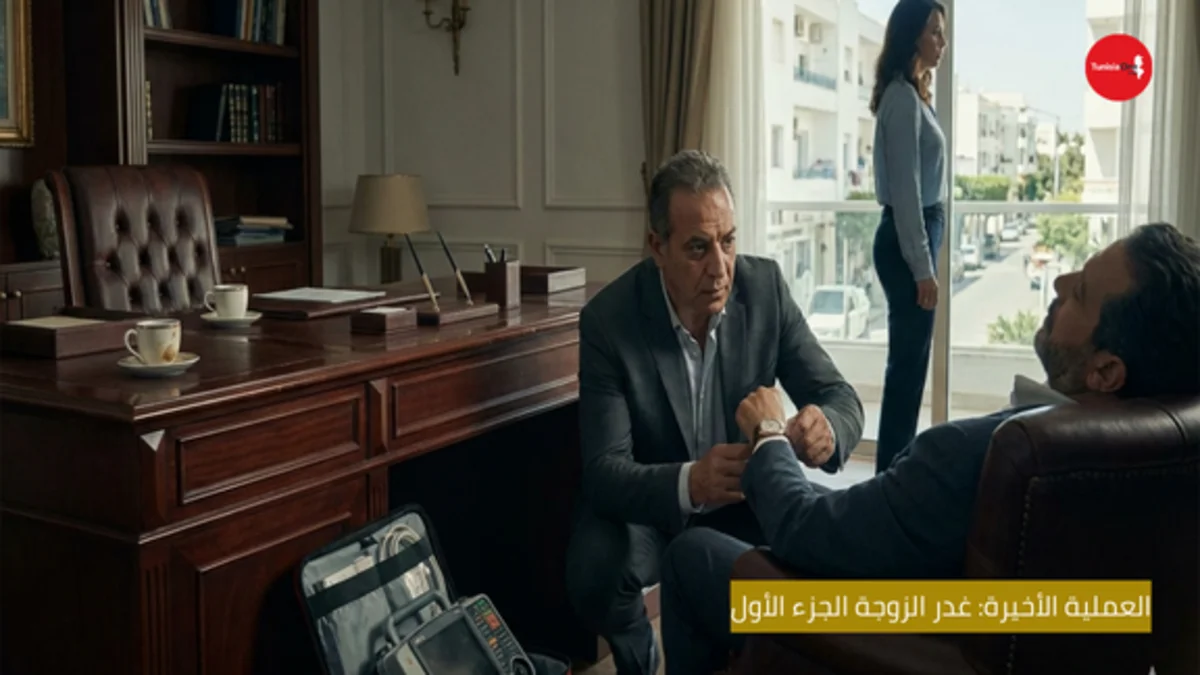 "لقطة سينمائية من زاوية منخفضة لمكتب فخم في منطقة المنزه، يظهر فيها معصم رجل ميت يرتدي ساعة يد ميكانيكية فاخرة متوقفة تماماً عند الساعة 10:10. في الخلفية المضببة (Bokeh)، تظهر امرأة ترتدي ثياباً سوداء وتقف ببرود بجانب فنجان قهوة يتصاعد منه بخار خفيف، بينما يظهر ظل المحقق وهو يدخل الغرفة، مع إضاءة خافتة توحي بالغموض والتوتر الدرامي."