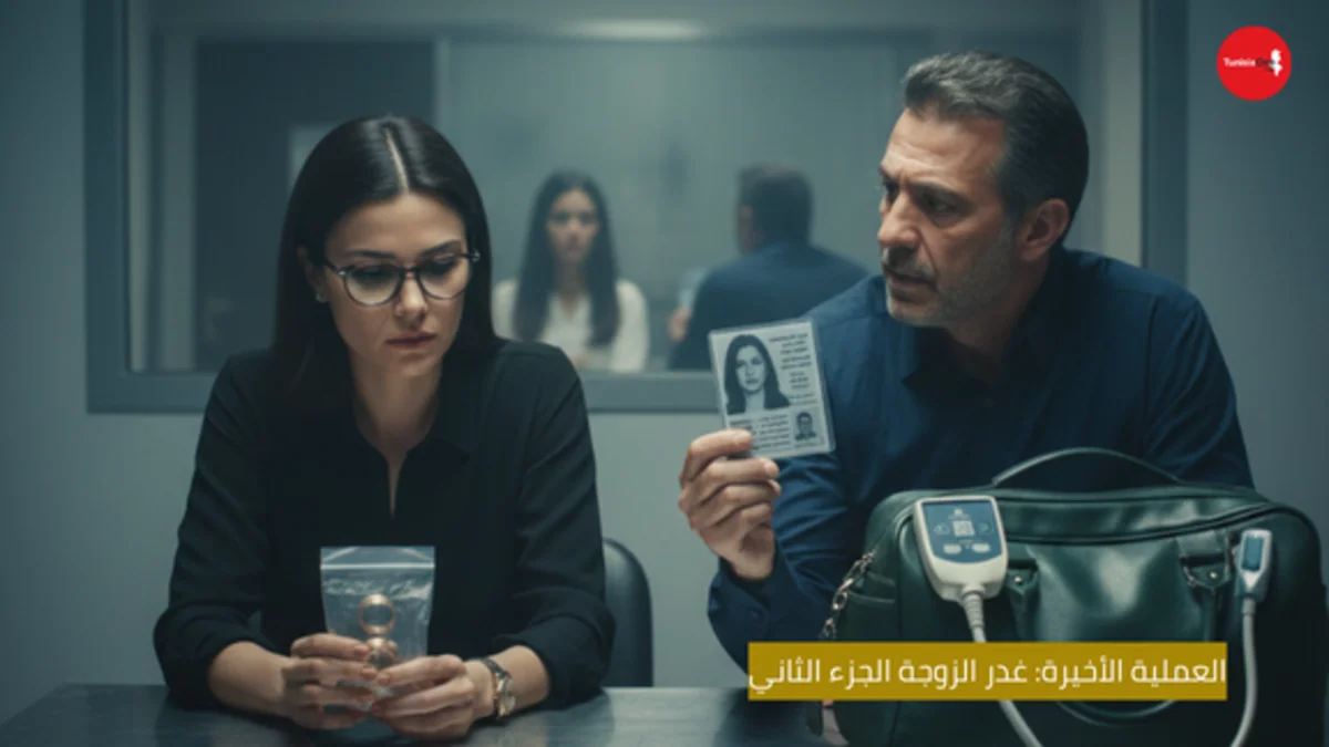"مشهد سينمائي مظلم وعالي التباين (High Contrast) يركز على طاولة معدنية في مشرحة، حيث تظهر يد الدكتورة مريم بفقازات جراحية ملطخة بقطرة دم واحدة وهي تمسك بمشرط لامع، بينما ينعكس على المشرط وجه المحقق كمال بملامح حادة ومصممة. في الخلفية، تظهر شاشة مراقبة مؤشرات حيوية تعرض خطاً مستقيماً دلالة على الوفاة، مع إضاءة زرقاء باردة تخلق جوًا من الغموض الطبي والمؤامرة المظلمة."