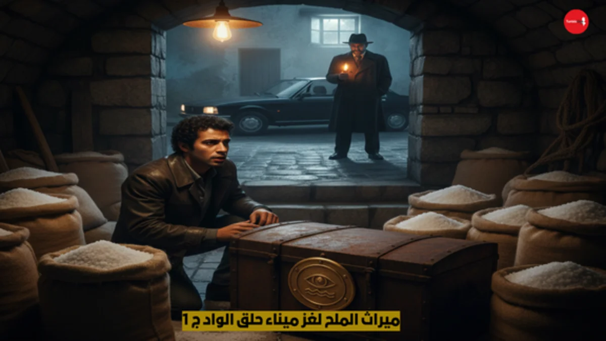 شاب تونسي في قبو منزلي قديم بحلق الوادي عام 1982، ينظر بذهول إلى صندوق حديدي أثري عليه شعار "البارون"، بينما تظهر في الخلفية عبر نافذة صغيرة سيارة بيجو 504 سوداء ورجل غامض يشعل ولاعة برتقالية تحت المطر.