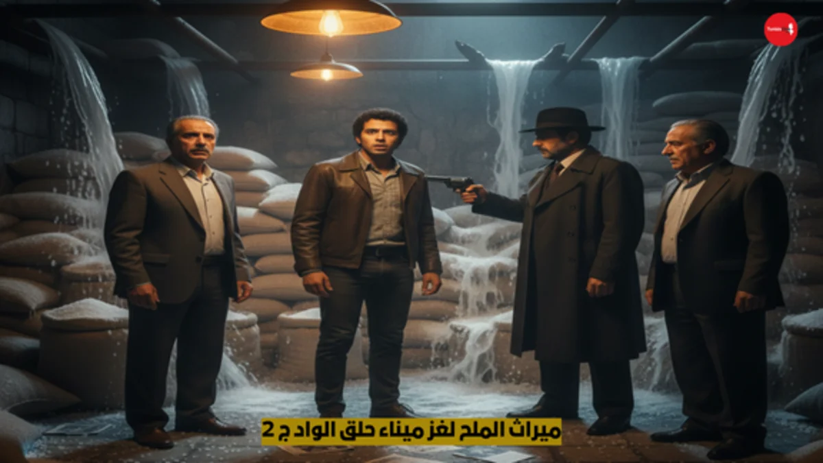 مشهد سينمائي داخل مخزن ملح حجري قديم بميناء حلق الوادي، حيث تغمر مياه البحر الأرشيف السري، ويظهر الشاب ياسين في مواجهة خاله الخائن المنجي الذي يصوب مسدسه، وسط انهيار أكياس الملح والظلال الكثيفة لليلة خريفية.