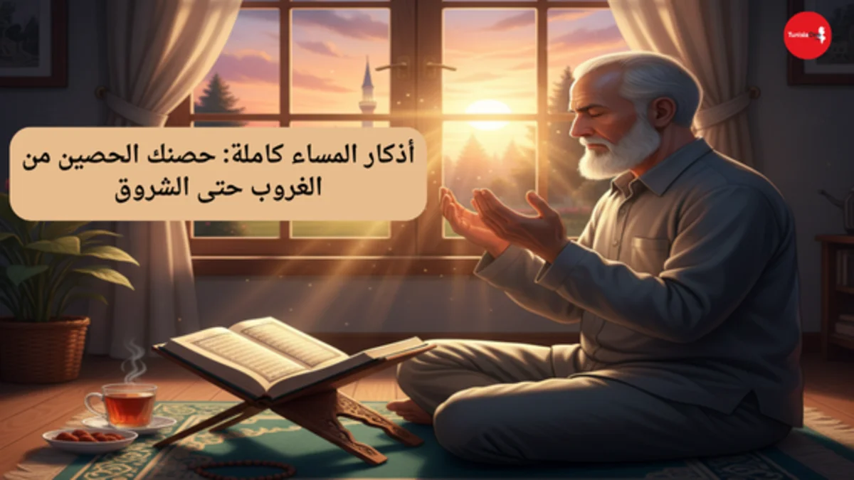 أذكار المساء كاملة: حصنك الحصين من الغروب حتى الشروق صورة تعبيرية لأذكار المساء تظهر مصحفاً ومسبحة مع إضاءة خافتة وهادئة لوقت الغروب