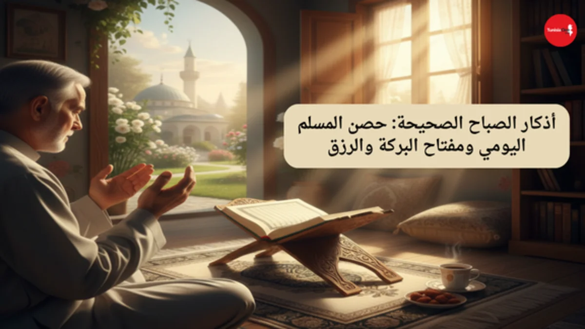 أذكار الصباح الصحيحة: حصن المسلم اليومي ومفتاح البركة والرزق أذكار الصباح مكتوبة مع صورة لمصحف مفتوح وإضاءة الشمس وقت الشروق في حديقة هادئة