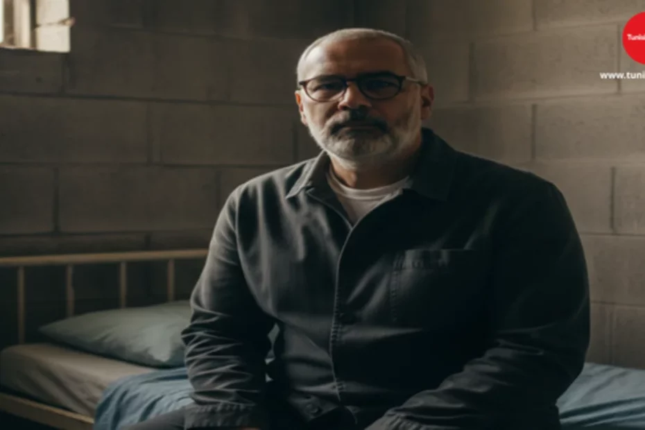 Borhen Bsaies brise le silence depuis Mornaguia : Le calvaire d'un journaliste et sa famille صورة تعبيرية تجسد إعلامياً بملامح وقورة وشعر رمادي يجلس بملابس بسيطة داخل غرفة توحي بأجواء القيد، مع خلفية لجدار حجري ونافذة صغيرة، تعبيراً عن الحالة الإنسانية لبرهان بسيس خلف القضبان.