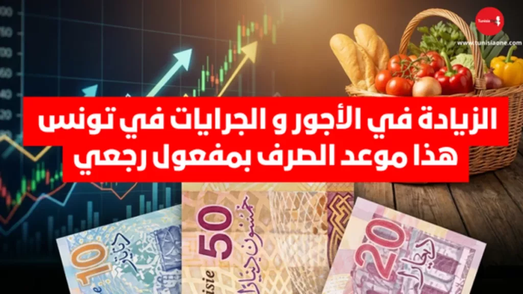 "أوراق نقدية تونسية وسلة مواد غذائية مع رسم بياني اقتصادي، ترمز للزيادات في الأجور والجرايات وقفة المواطن في تونس لسنة 2026."