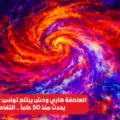 صورة فضائية للعاصفة هاري فوق البحر المتوسط بتدرجات لونية معدلة تُظهر عين الإعصار بوضوح مع دوامات سحابية كثيفة وأحزمة مطر ملتفة حول المركز دوران