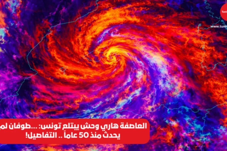 صورة فضائية للعاصفة هاري فوق البحر المتوسط بتدرجات لونية معدلة تُظهر عين الإعصار بوضوح مع دوامات سحابية كثيفة وأحزمة مطر ملتفة حول المركز دوران