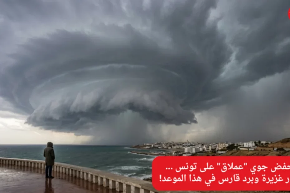 "مشهد سينمائي لمنخفض جوي عملاق وسحب رعدية كثيفة تهطل منها أمطار غزيرة فوق تونس، مع برق يضيء السماء المظلمة ليعلن نهاية الجفاف."