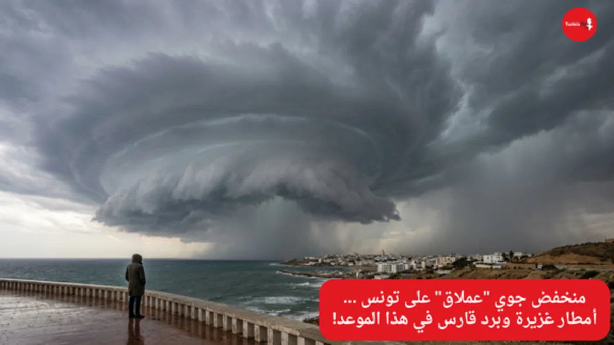 منخفض جوي "عملاق" على تونس ... أمطار غزيرة وبرد قارس في هذا الموعد! "مشهد سينمائي لمنخفض جوي عملاق وسحب رعدية كثيفة تهطل منها أمطار غزيرة فوق تونس، مع برق يضيء السماء المظلمة ليعلن نهاية الجفاف."