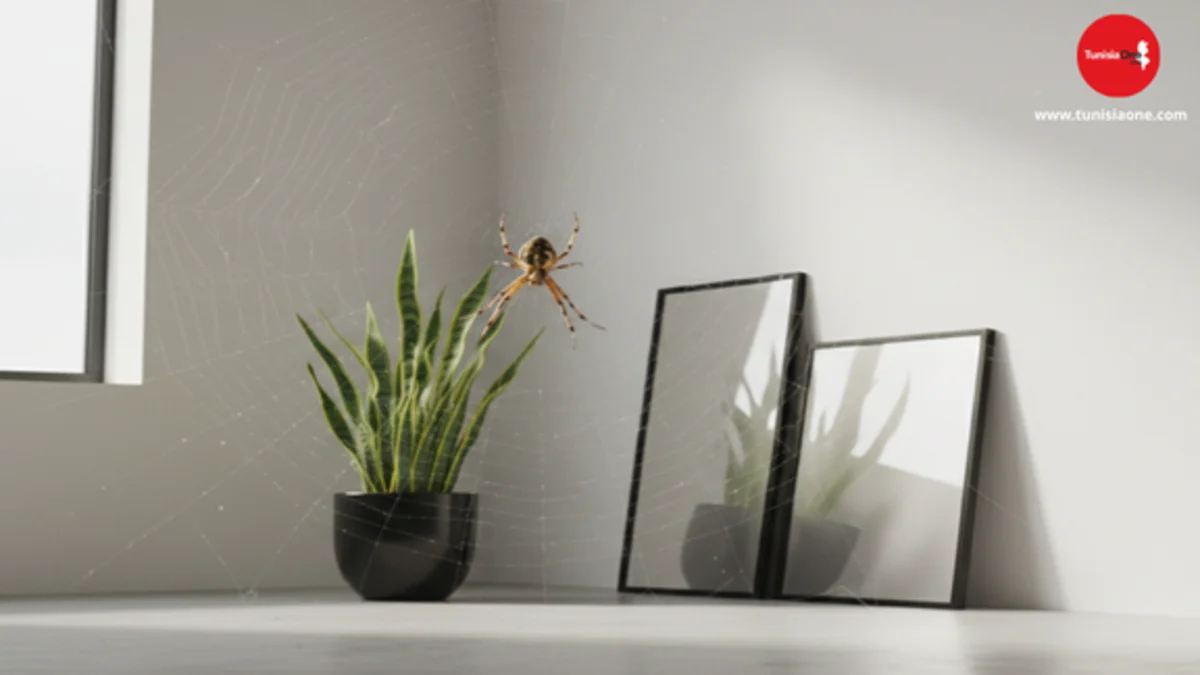 How to Get Rid of House Spiders: Natural and Tech-Driven Solutions عنكبوت منزلي في زاوية الغرفة يبني شبكته بجوار نباتات منزلية