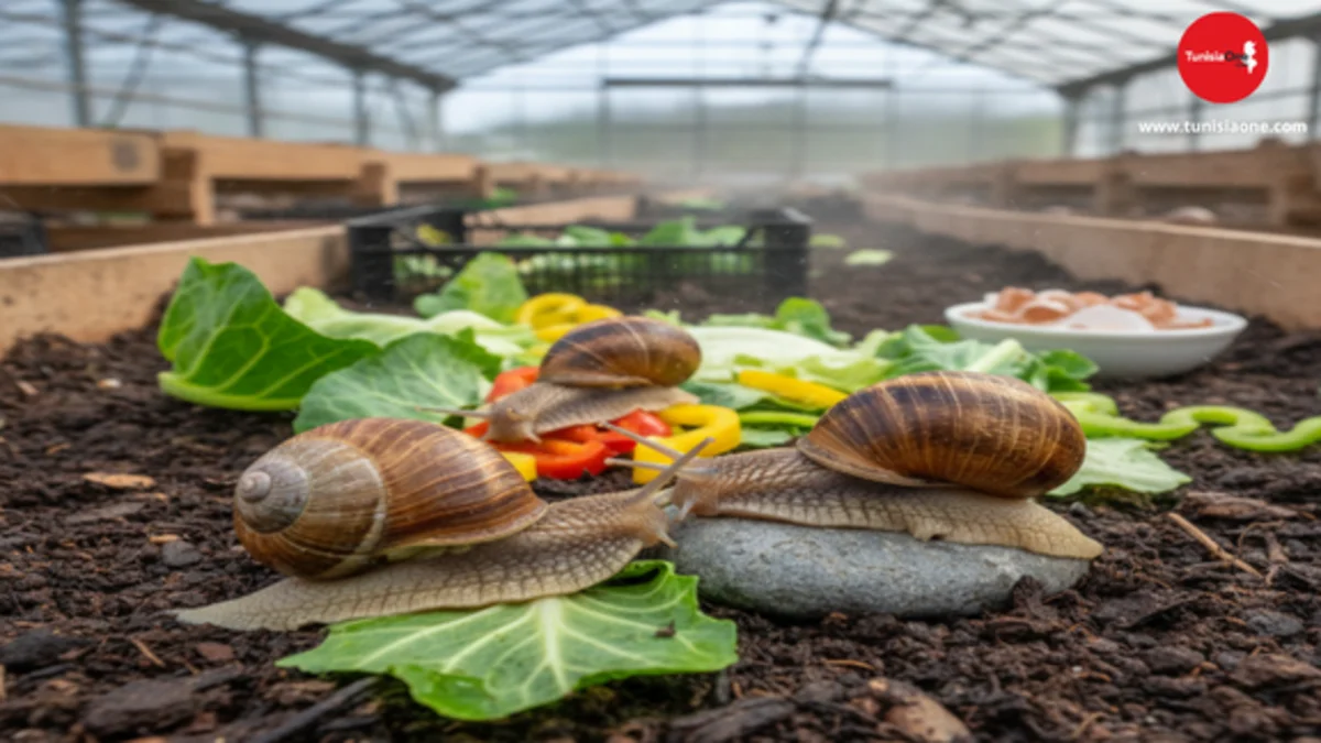Snail Farming: From Profitable Investment to Home Hobby لقطة قريبة لمجموعة من الحلزونات في مزرعة مخصصة، تزحف فوق أوراق الخضروات الطازجة والتربة الغنية، مع ظهور دفيئة زراعية (صوبة) في الخلفية كجزء من نظام التربية المكثف