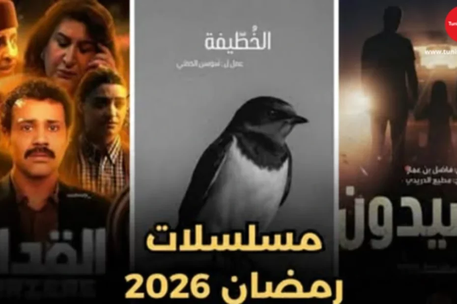 مجموعة ملصقات مسلسلات رمضان 2026 في تونس تشمل مسلسل الخُطّيفة، مسلسل أريار القدام لبسام الحمراوي، ومسلسل أكسيدون، مع عبارة مسلسلات رمضان 2026