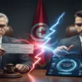 رجلان في مكتب رسمي بجانب العلم التونسي يتداولان شيكاً بنكياً وجهازاً لوحياً رقمياً، مع وجود مطرقة القضاء، في إشارة إلى الإصلاحات الجديدة لقانون الشيكات والكمبيالة في تونس