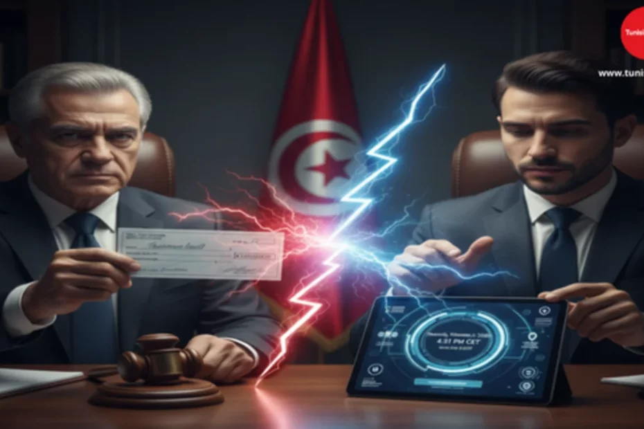 رجلان في مكتب رسمي بجانب العلم التونسي يتداولان شيكاً بنكياً وجهازاً لوحياً رقمياً، مع وجود مطرقة القضاء، في إشارة إلى الإصلاحات الجديدة لقانون الشيكات والكمبيالة في تونس