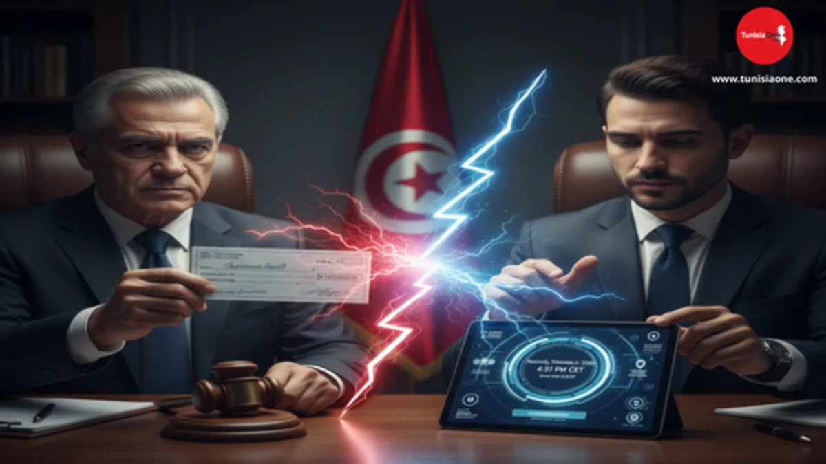 قانون الشيكات: إصلاحات جديدة ومبادرة لمنح الكمبيالة "قوة تنفيذية" رجلان في مكتب رسمي بجانب العلم التونسي يتداولان شيكاً بنكياً وجهازاً لوحياً رقمياً، مع وجود مطرقة القضاء، في إشارة إلى الإصلاحات الجديدة لقانون الشيكات والكمبيالة في تونس