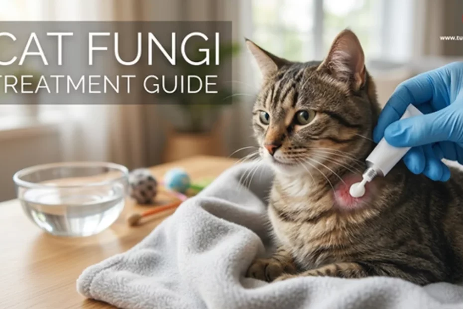 A professional close-up photo of a hand in a blue medical glove applying treatment cream to a fungal patch (hairless spot) on a cat's skin. The cat is lying down comfortably. The header text reads "CAT FUNGI TREATMENT GUIDE," making it perfect for veterinary care articles.