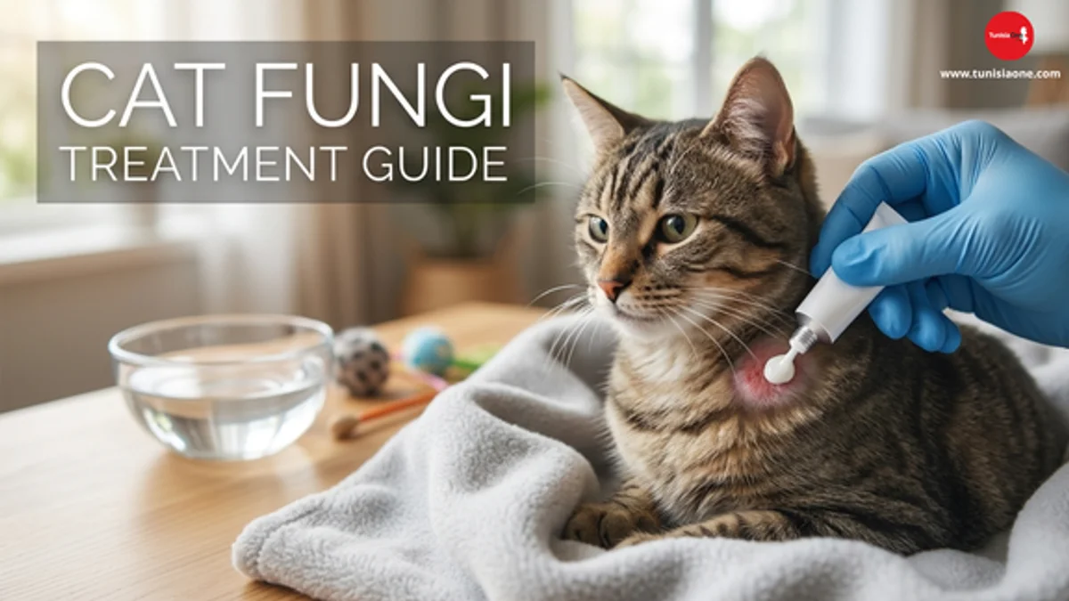 A professional close-up photo of a hand in a blue medical glove applying treatment cream to a fungal patch (hairless spot) on a cat's skin. The cat is lying down comfortably. The header text reads "CAT FUNGI TREATMENT GUIDE," making it perfect for veterinary care articles.
