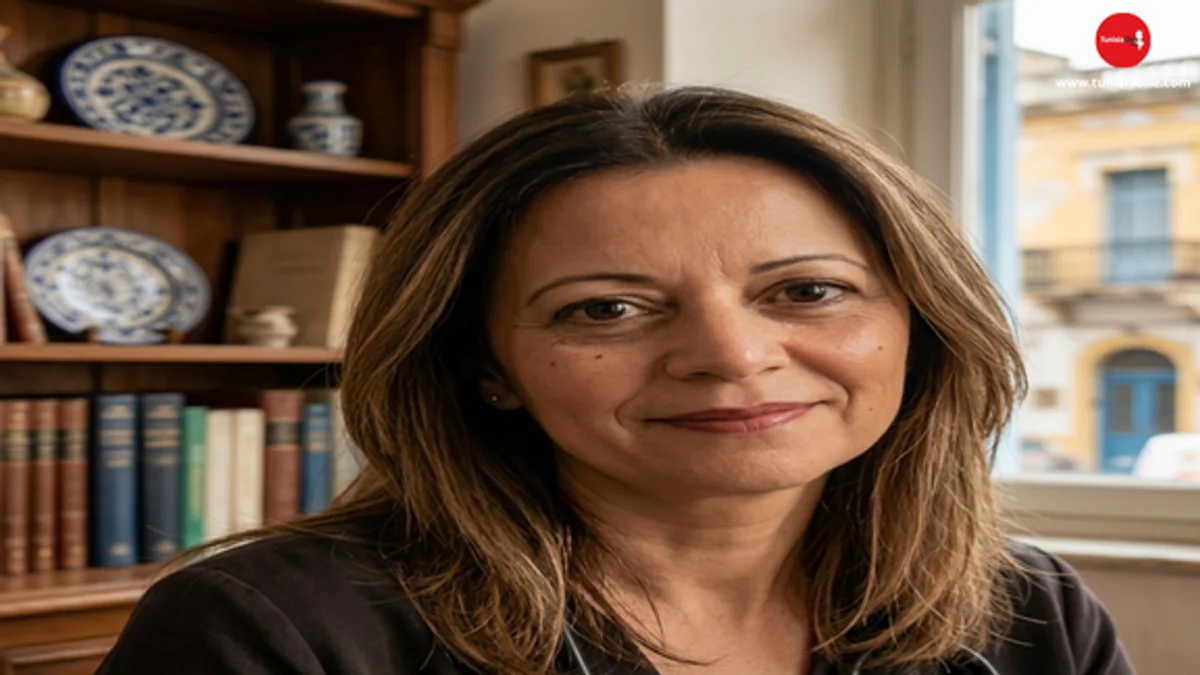 The Silent Departure of Dr. Najia Oumia: A Legacy of Loyalty and the Pain of Solitude صورة واقعية وحصرية للدكتورة ناجية أومية، طبيبة تونسية بملامح هادئة وحنونة، تظهر في مكتبها الطبي ببنزرت بابتسامة خفيفة تعكس إنسانيتها، وخلفها مكتبة كتب طبية ونافذة تطل على العمارة التقليدية لمدينة بنزرت، تعبيراً عن إخلاصها لمرضاها في تونس