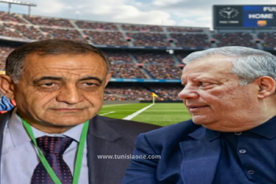 Behind the Scenes of the Stormy Meeting Between Esperance and Club Africain at the Ministry of Sports "صورة مركبة تجمع بين رئيس الترجي الرياضي التونسي حمدي المدب ورئيس النادي الإفريقي محسن الطرابلسي، يظهران في مقدمة المشهد مع خلفية لملعب كرة قدم ممتلئ بالجماهير وشاشة عرض كبيرة، في تصميم يعبر عن أجواء الدربي التونسي والمنافسة الرياضية."