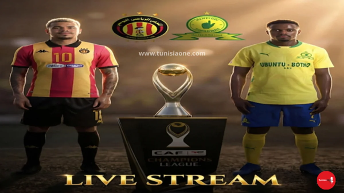 Live stream of Esperance de Tunis vs Mamelodi Sundowns, CAF Champions League 2026 semi-final second leg, featuring team players and the trophy.