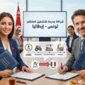 صورة واقعية لبعث الأمل: شاب تونسي طموح يصافح مسؤولاً إيطالياً بعد توقيع اتفاقية انتداب لمدة 5 سنوات، مع خلفية تدمج معالم تونس وروما، وانفوجرافيك يوضح التخصصات المطلوبة (الفلاحة، الصناعة، البناء) وشعار الوكالة الإيطالية UMANA والوكالة التونسية ANETI
