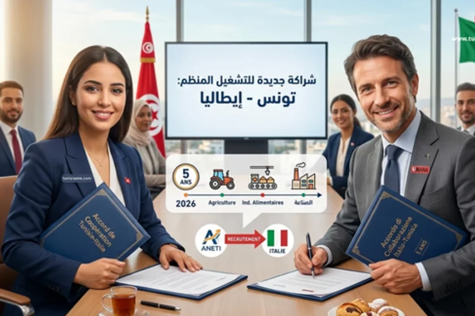 صورة واقعية لبعث الأمل: شاب تونسي طموح يصافح مسؤولاً إيطالياً بعد توقيع اتفاقية انتداب لمدة 5 سنوات، مع خلفية تدمج معالم تونس وروما، وانفوجرافيك يوضح التخصصات المطلوبة (الفلاحة، الصناعة، البناء) وشعار الوكالة الإيطالية UMANA والوكالة التونسية ANETI