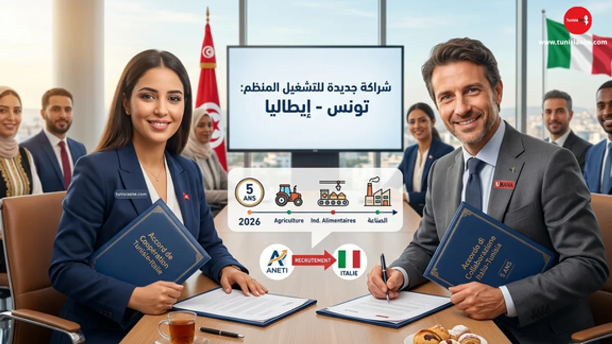 عقود عمل في إيطاليا 2026: دليل الاتفاقية التونسية الإيطالية الجديدة صورة واقعية لبعث الأمل: شاب تونسي طموح يصافح مسؤولاً إيطالياً بعد توقيع اتفاقية انتداب لمدة 5 سنوات، مع خلفية تدمج معالم تونس وروما، وانفوجرافيك يوضح التخصصات المطلوبة (الفلاحة، الصناعة، البناء) وشعار الوكالة الإيطالية UMANA والوكالة التونسية ANETI