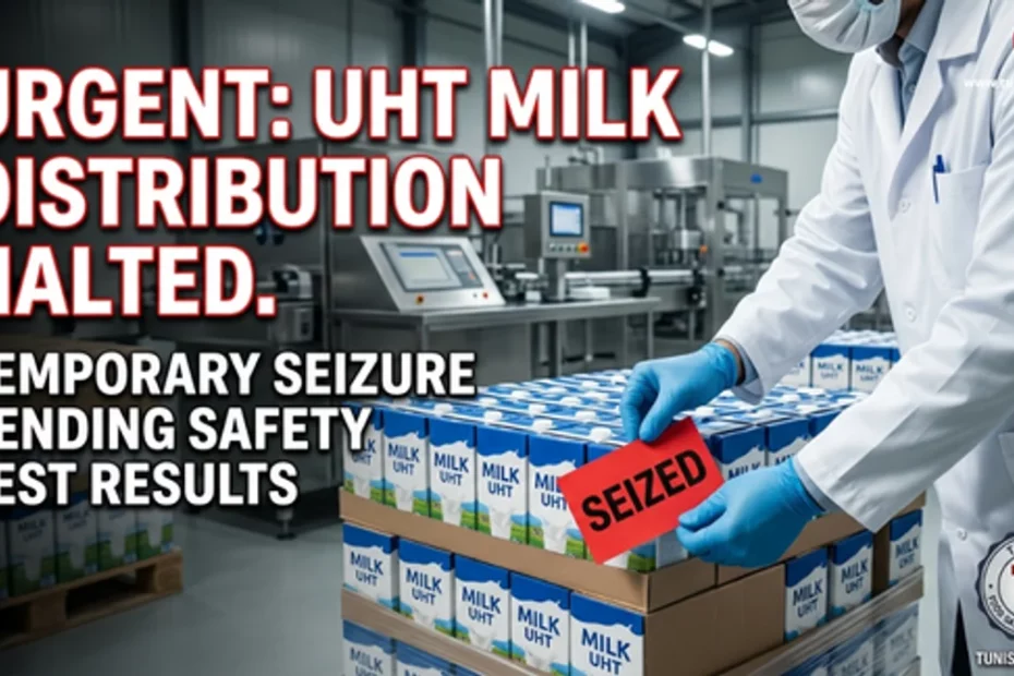 A dramatic featured image for a WordPress article, showing a regulatory inspector in a white coat and gloves placing a large red 'SEIZED' tag with black text onto stacked boxes of milk within a clean, yet intense, industrial dairy facility. Dynamic lighting highlights the scale and seriousness of the operation. Bold, clear, sans-serif white and red text with outlines across the upper left and top reads: URGENT: UHT MILK DISTRIBUTION HALTED. TEMPORARY SEIZURE PENDING SAFETY TEST RESULTS. A stylized TunisiaOne logo is in the bottom right.