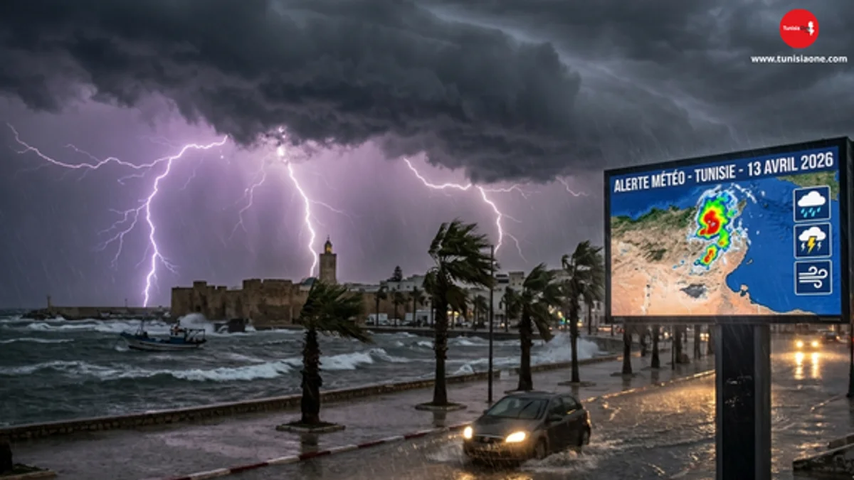تحذير من تقلبات جوية في تونس: أمطار رعدية غزيرة ورياح قوية تتجاوز 60 كلم/س صورة ليلية درامية لعاصفة رعدية قوية تضرب مدينة بنزرت التونسية الليلة، مع شاشة عرض جوية تظهر خريطة متابعة الوضع الجوي من المعهد الوطني للرصد الجوي بتاريخ 13 أفريل 2026