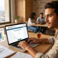 صورة واقعية لشاب تونسي طموح يتقدم بطلب للحصول على قرض دون فائدة بقيمة 10,000 دينار تونسي عبر المنصة الرقمية الرسمية لوزارة التشغيل والتكوين المهني لعام 2026، مع خلفية تظهر معالم تونس العاصمة كرمز للأمل وبعث المشاريع