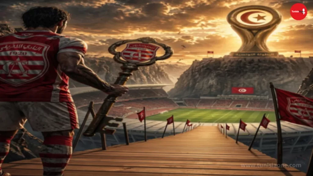 لاعب من النادي الإفريقي يحتفل حاملاً كاس تونس في ملعب رادس مع شعار Tunisia One ونسبة 90% للتتويج بالدوري التونسي 2026