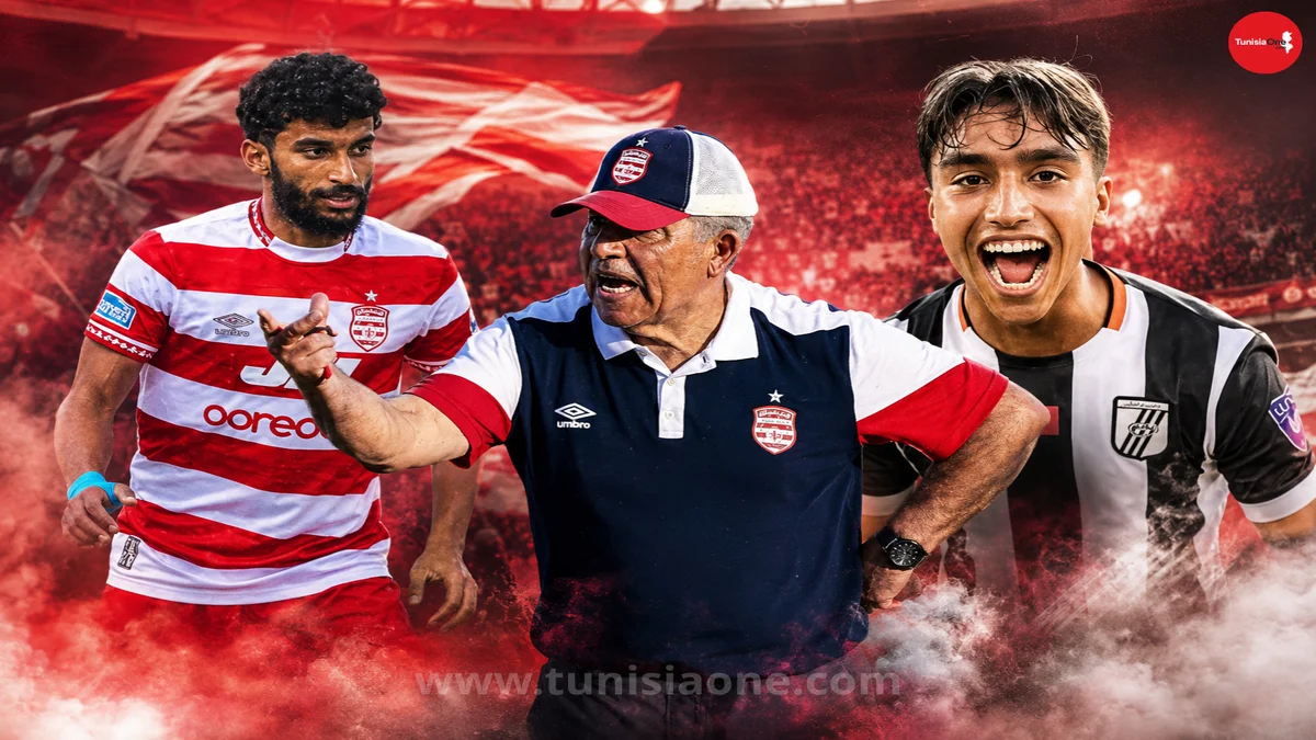 Club Africain : 3 dossiers brûlants au Parc A.. Benzarti prépare la conquête africaine Montage montrant Faouzi Benzarti donnant des instructions au centre, entouré de Ghaith Zaalouni avec le maillot du Club Africain et Youssef Becha dans une ambiance de stade enflammée