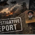 War-damaged Beirut scene with fighter jets and a portrait of Hassan Nasrallah in a cinematic investigative report style image.