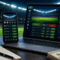 Sports betting interface on a laptop and smartphone in a football stadium with a soccer ball and cash, representing match analysis and betting.
