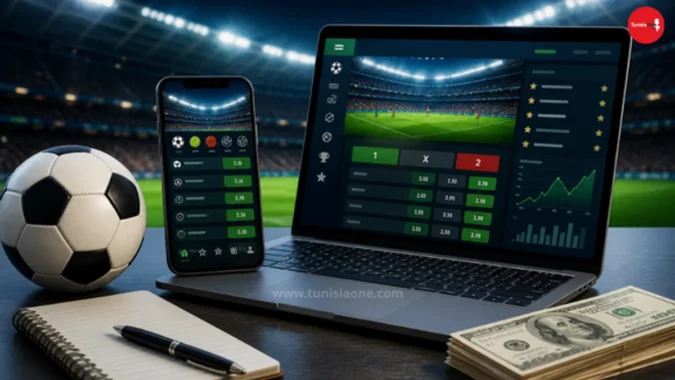 واجهة مراهنات رياضية على حاسوب وهاتف ذكي داخل ملعب كرة قدم مع كرة وأموال، تعبر عن تحليل المباريات والرهان الرياضي.