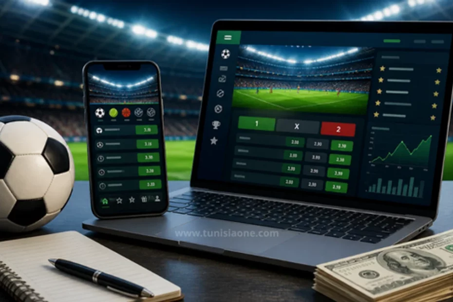 How to Start Sports Betting Safely and Profitably in 2026 (Complete Beginner Guide) Sports betting interface on a laptop and smartphone in a football stadium with a soccer ball and cash, representing match analysis and betting.