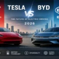 Image comparant une voiture Tesla et une voiture BYD dans une ville moderne, illustrant la concurrence entre les deux marques sur le marché des véhicules électriques en 2026.