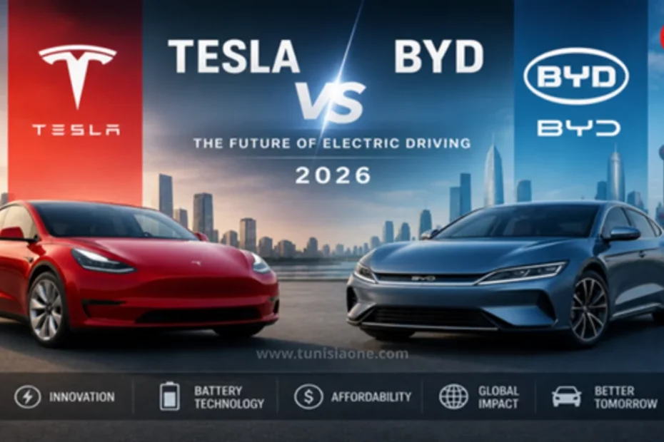 صورة مقارنة بين سيارة Tesla وسيارة BYD في مدينة حديثة، تمثل المنافسة بين الشركتين في سوق السيارات الكهربائية ومستقبل التنقل في 2026.