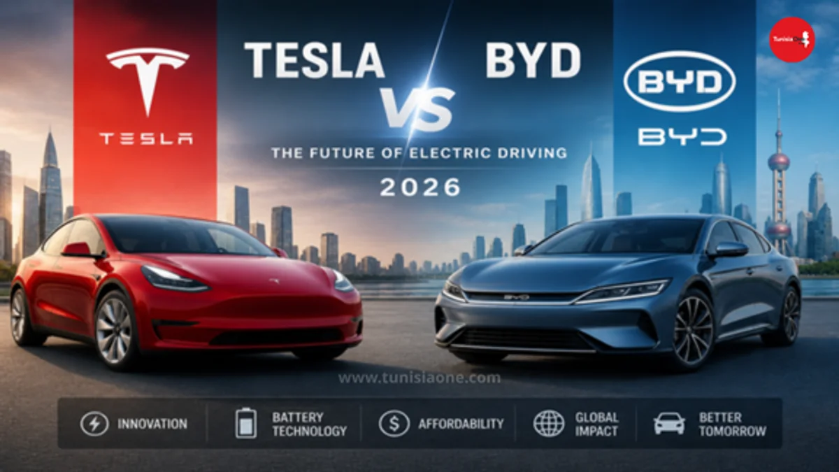 صورة مقارنة بين سيارة Tesla وسيارة BYD في مدينة حديثة، تمثل المنافسة بين الشركتين في سوق السيارات الكهربائية ومستقبل التنقل في 2026.
