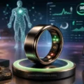 A sleek futuristic smart ring displayed on a glowing base, surrounded by holographic health data interfaces such as heart rate metrics, with smartwatches in the background, illustrating advanced wearable technology.