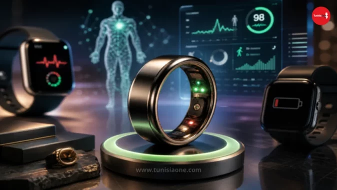 خاتم ذكي حديث بتصميم أنيق موضوع على قاعدة مضيئة، تحيط به عناصر رقمية ثلاثية الأبعاد تعرض بيانات صحية مثل نبض القلب، مع وجود ساعات ذكية في الخلفية، في مشهد مستقبلي يعكس تطور التكنولوجيا القابلة للارتداء.