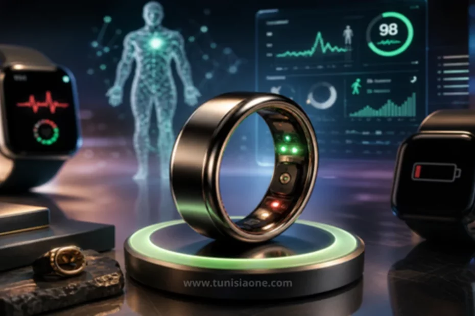 A sleek futuristic smart ring displayed on a glowing base, surrounded by holographic health data interfaces such as heart rate metrics, with smartwatches in the background, illustrating advanced wearable technology.