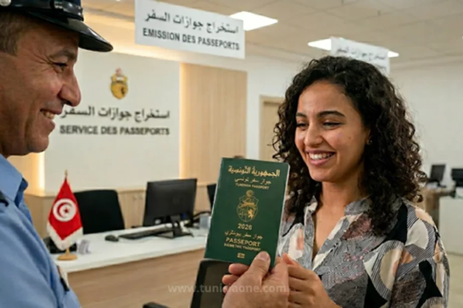 صورة لجواز سفر تونسي بيومتري حديث لعام 2026، موضوع على مكتب خشبي من خشب الزيتون العتيق، بجانبه نموذج إداري رقمي ومحبرة نحاسية قديمة، تعبر عن دليل استخراج الجواز خطوة بخطوة