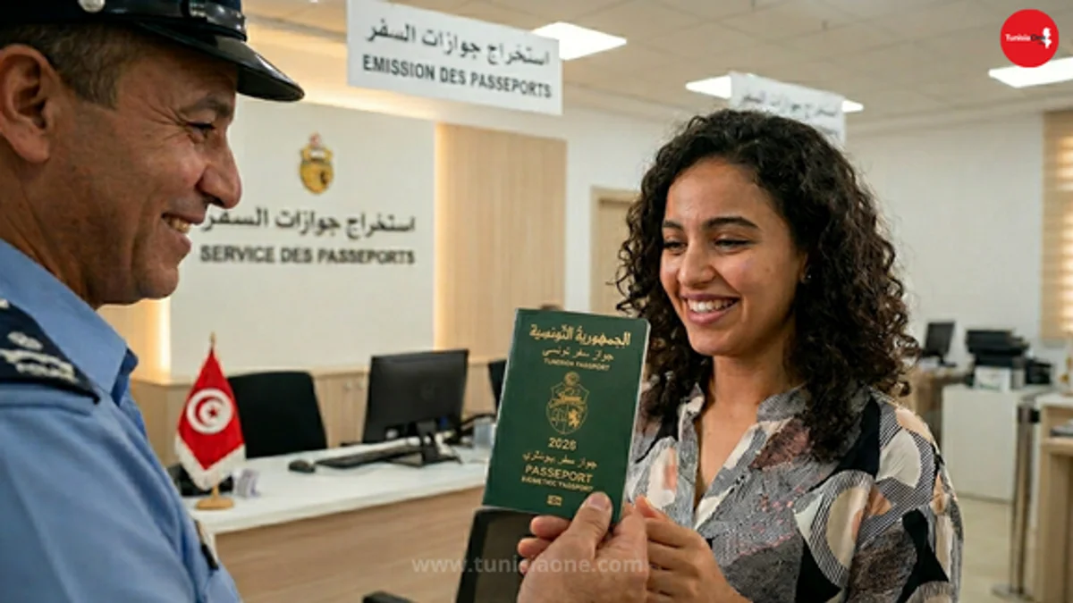صورة لجواز سفر تونسي بيومتري حديث لعام 2026، موضوع على مكتب خشبي من خشب الزيتون العتيق، بجانبه نموذج إداري رقمي ومحبرة نحاسية قديمة، تعبر عن دليل استخراج الجواز خطوة بخطوة